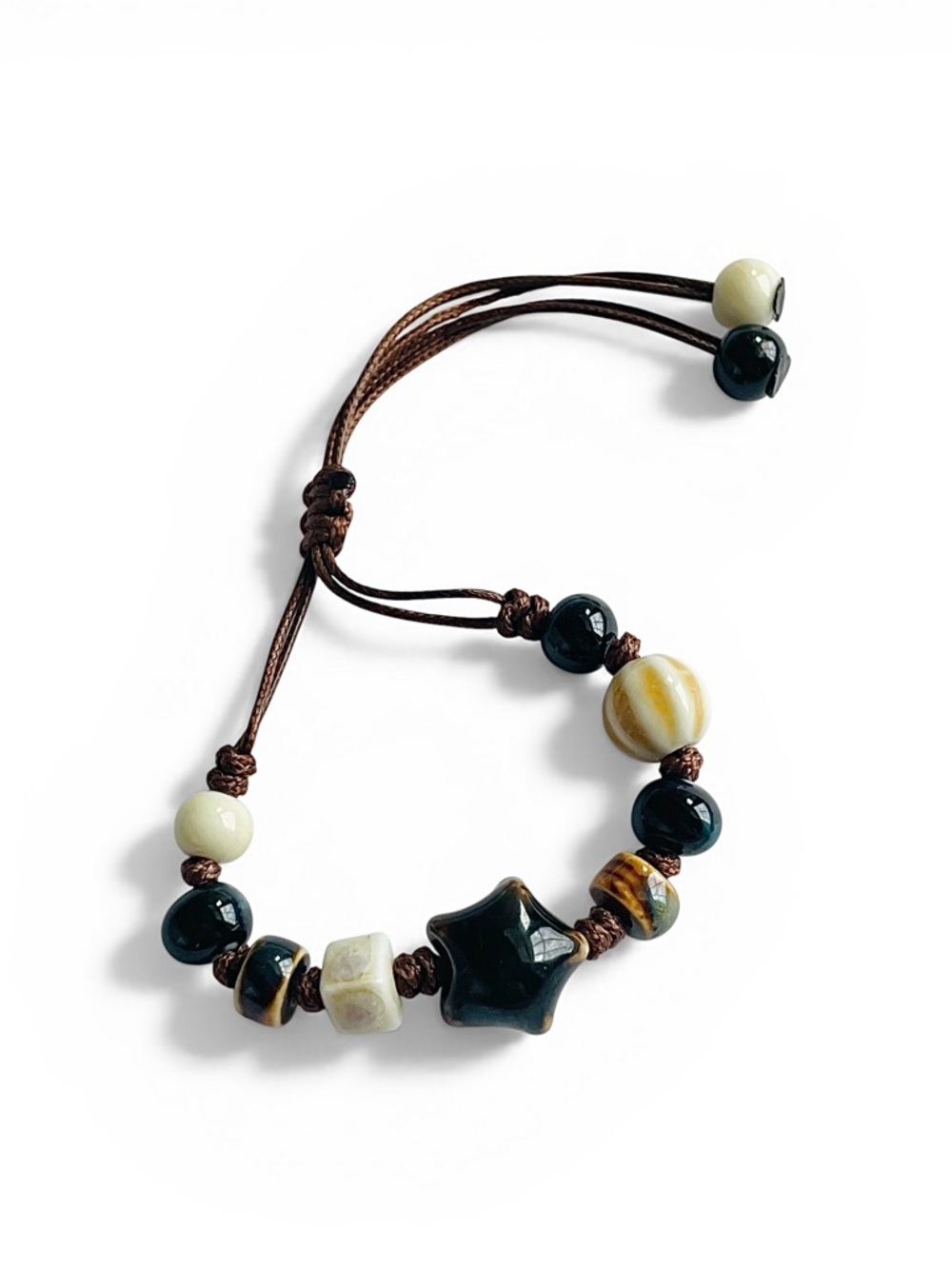 Handmade Glass Bead Star Bracelet in Black, Cream & Brown